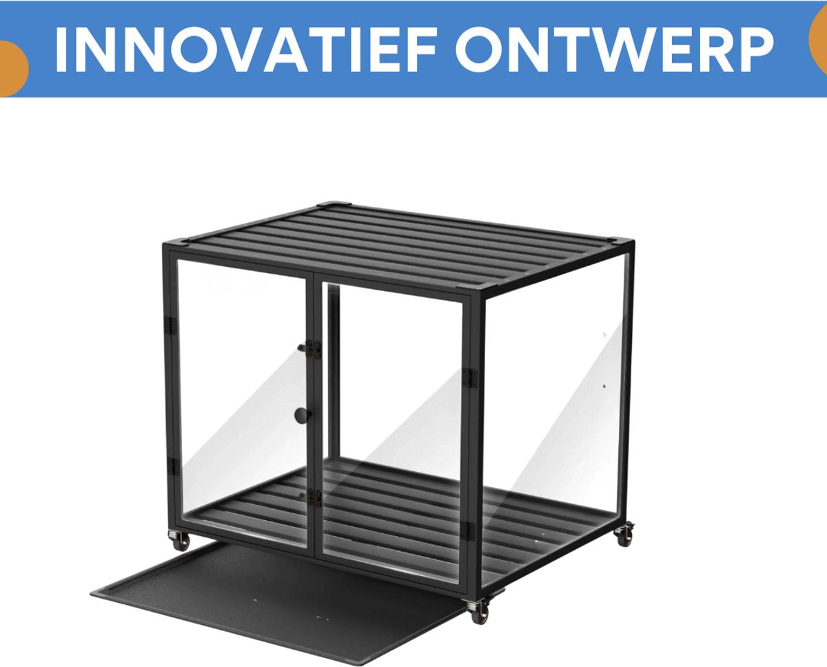 Hondenbench Cleany - Op wieltjes - Gehard glas - Hondenkennel - Met Aluminium Frame - 106cm