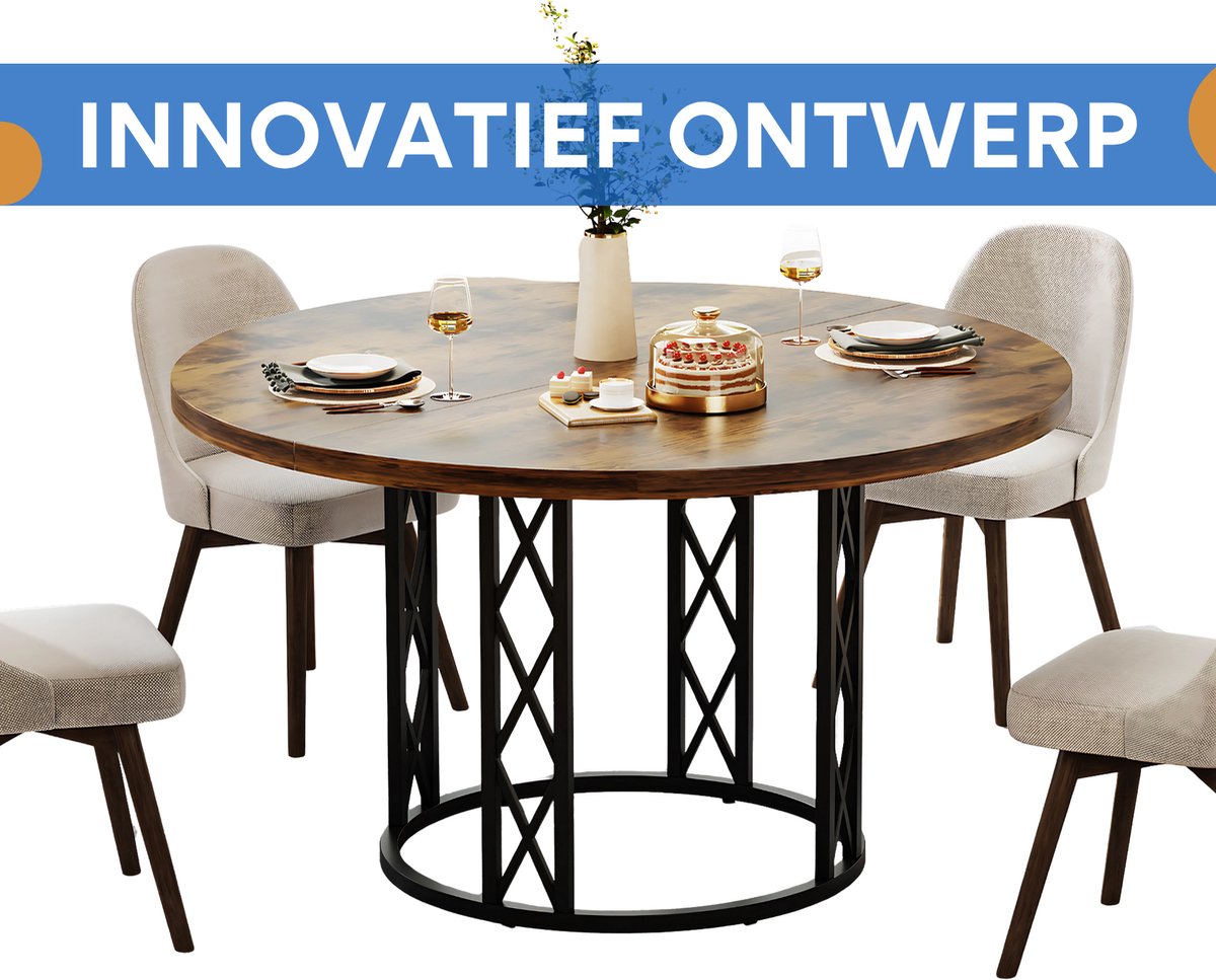 Ronde Eettafel Zurich - Voor 4 personen - 120cm - Voor Keuken of eetkamer - Bruin