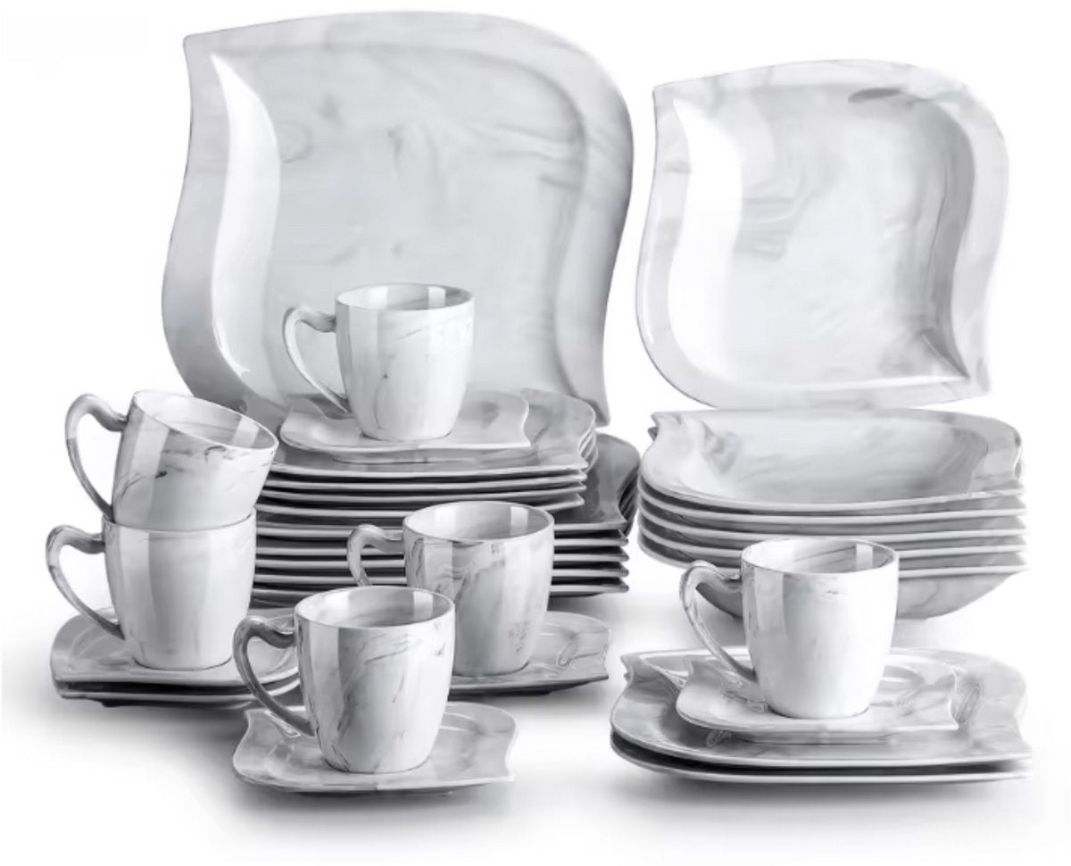 Ornate Bordenset – 6 persoons – 30 delig – Marmerlook Keramisch – Dinerborden – Breakfast Plates