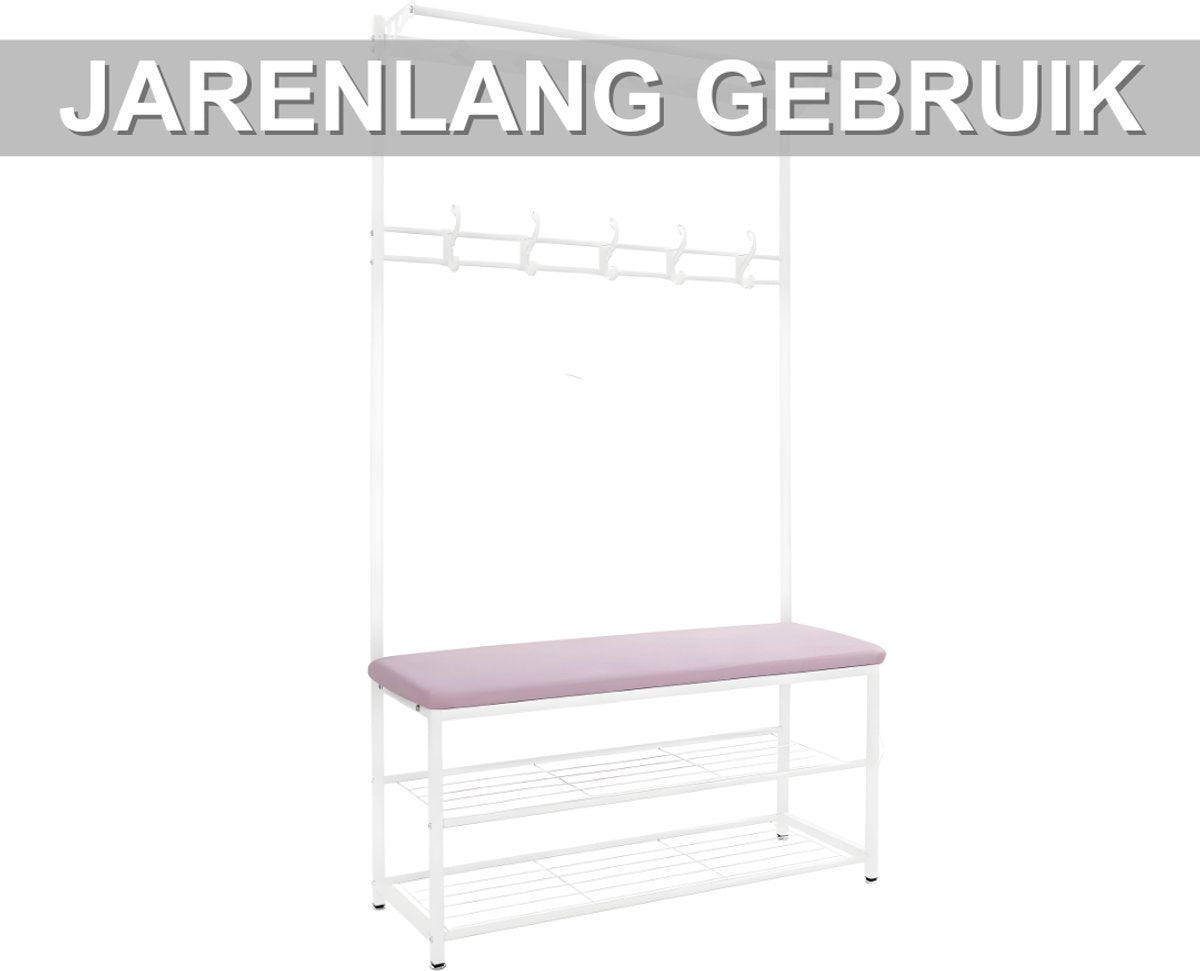 Kapstok met bank - Kledingrek - Schoenenrek - Voor kledingopslag en schoenen - Multifunctioneel - Met haken en bankje - Roze