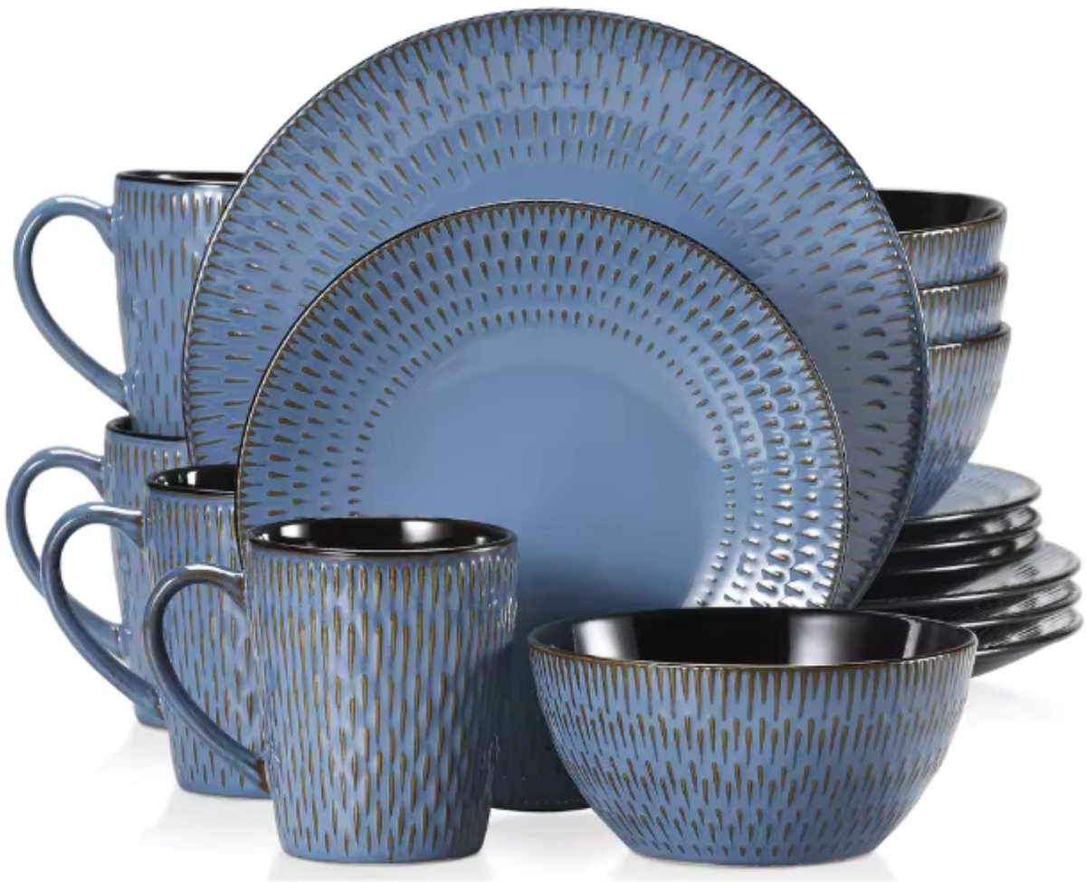 Montario Serviesset - 16 delig - 4 persoons - Sky blauw - Dinerborden - Bordenset - Diepe borden - Ontbijtborden - Servies - Keukenservies