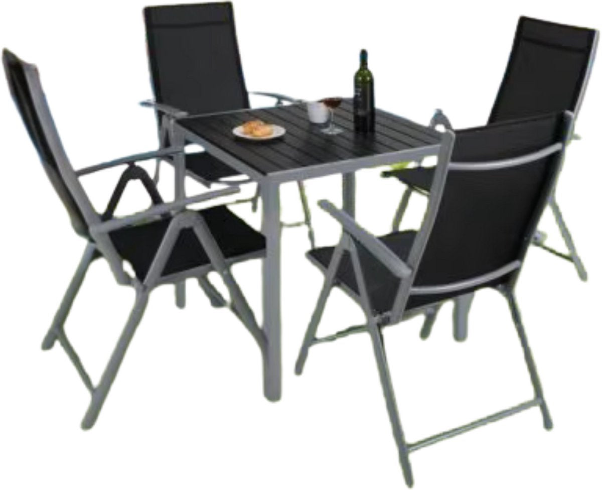 Tuinset met tuinstoelen - Tuintafel - 4 personen - Balkonset - 5-delige tuinmeubels - Aluminium - Klapstoelen - Zwart/zilver