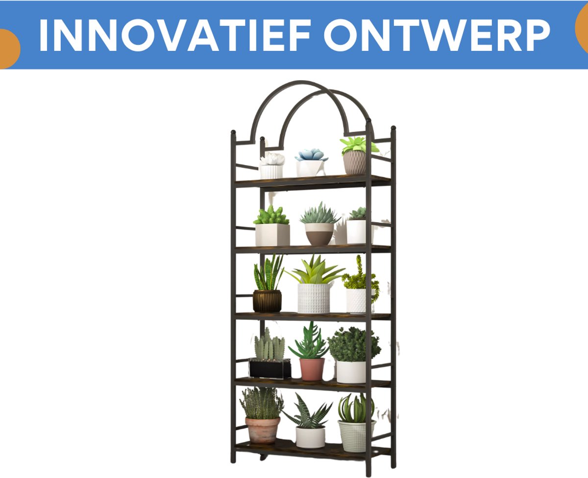 Boekenkast 5-Laags - Industrieel Wandrek met Gebogen Laddermodel - Zwart Metalen Frame & MDF Planken - Voor Woonkamer, Keuken of Kantoor