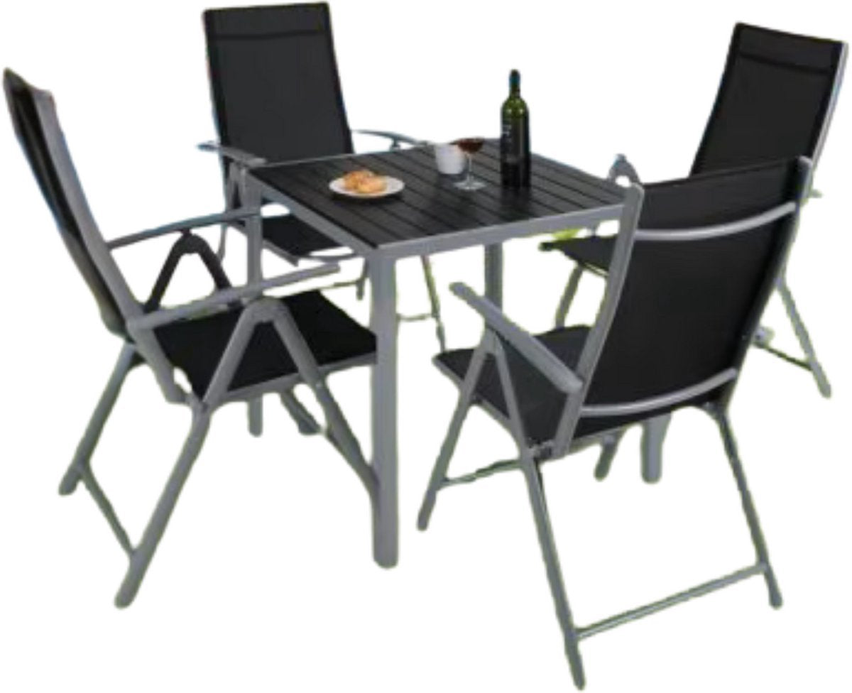 Tuinset met tuinstoelen Tavien - Tuintafel - 4 personen - Balkonset - 5-delige tuinmeubels - Aluminium - Klapstoelen - Zwart/zilver