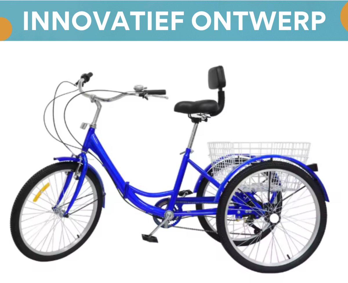 Driewieler Dita - 7 versnellingen - Fiets voor volwassenen en senioren - 24 Inch - Opvouwbare - Verstelbaar - Met mand - Voorrem - Blauw