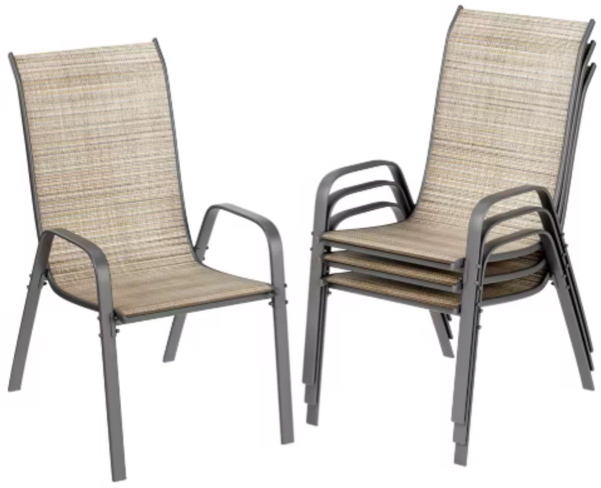Metalen Buitenstoelenset - Tuinstoelen - Tuintafel stoelen - Stapelbare Terrasstoelen van Textilene - Set van 4, Max. Belastbaarheid 150 kg - Bruin