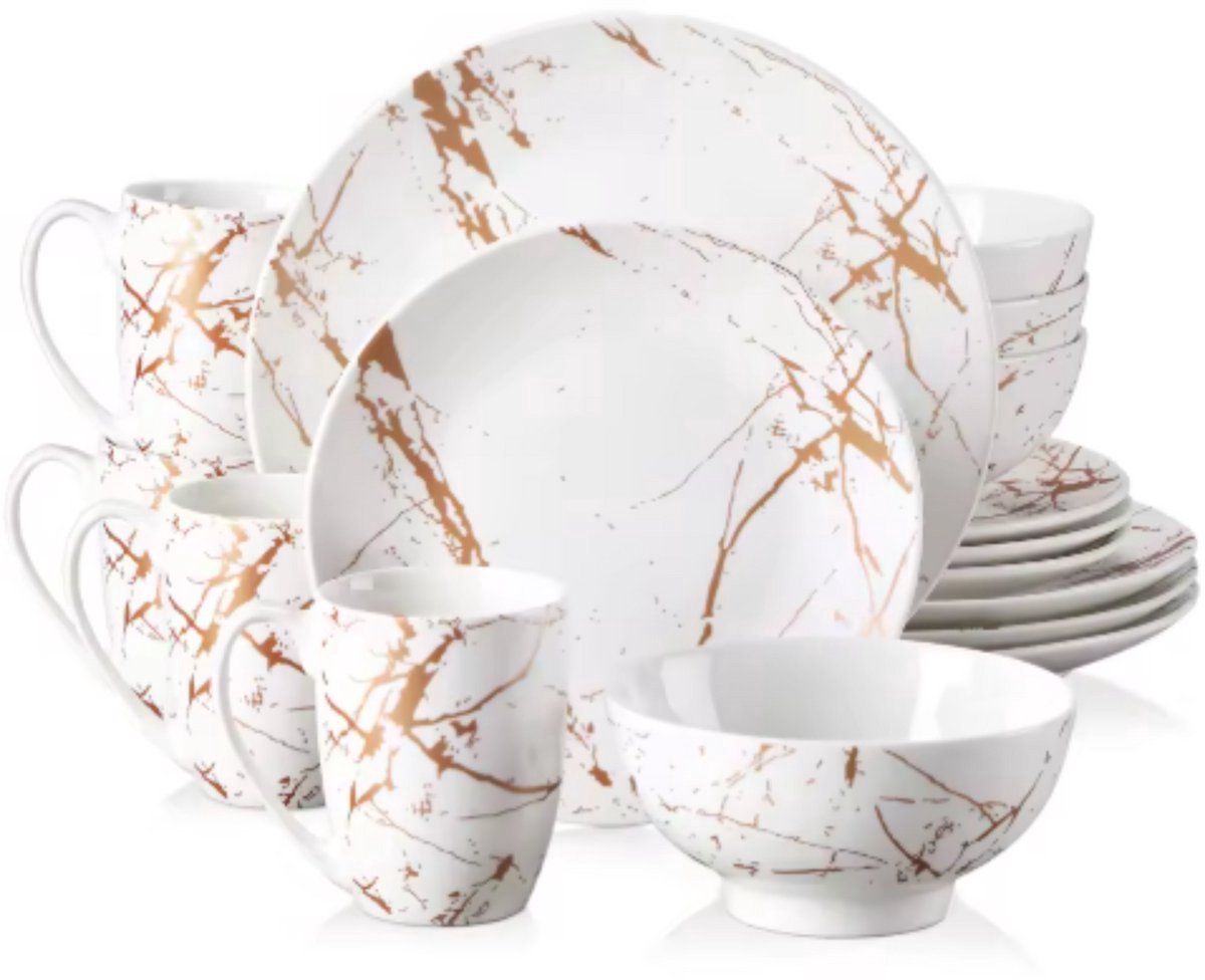 Majestic Santivo Serviesset - 16 delig - 4 persoons - Wit met Gouden strepen - Dinerborden - Bordenset - Diepe borden - Ontbijtborden - Servies - Keukenservies - Luxe design - Tafelstijl