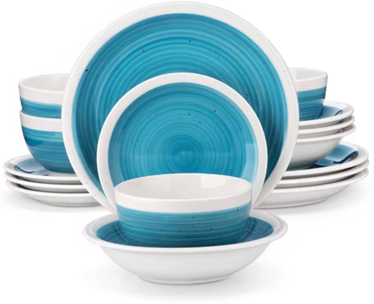 Lorentino Serviesset - 32 delig - 8 persoons - Blauw/Witte rand - Dinerborden - Bordenset - Diepe borden - Ontbijtborden - Servies - Keukenservies