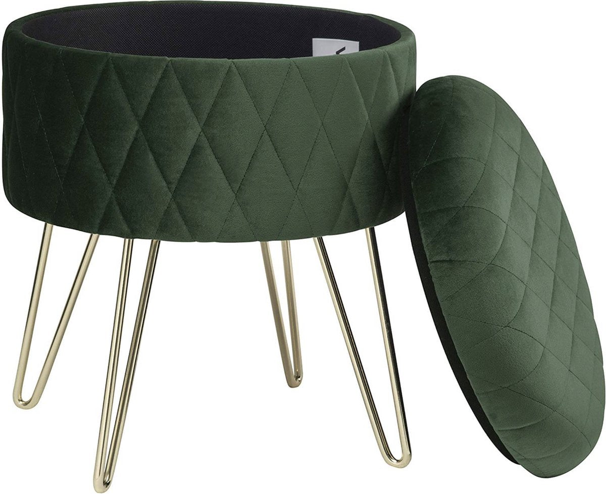 Happyment Poef deluxe - Met opbergruimte - Groen - Voetenbank met opbergruimte - Opbergbox hocker - Zitkist met deskel - Rond - Velvet - 31.5x31.5x36cm