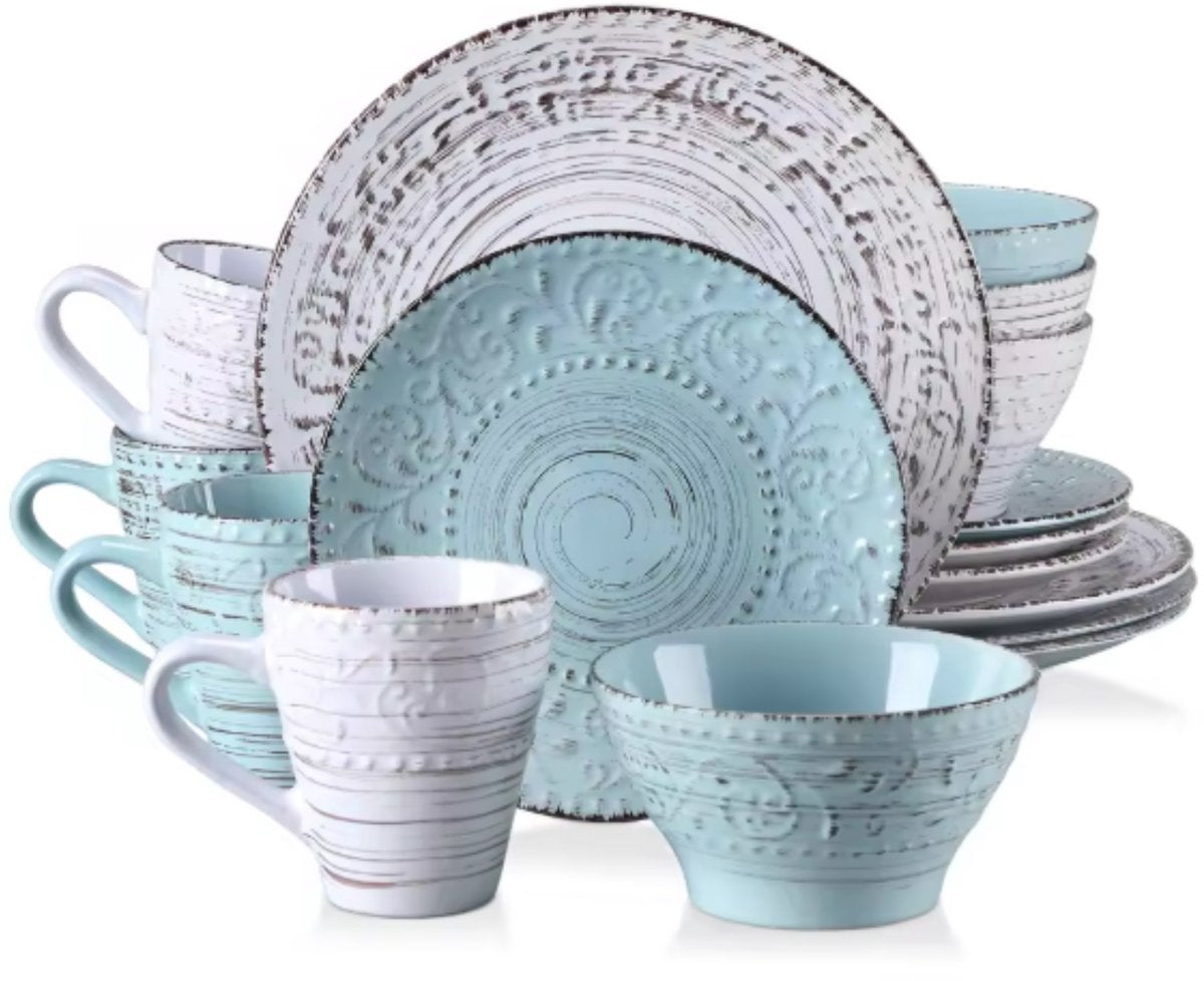 Grandiose Bordenset – 4 persoons – 16 delig – Wit/blauw Keramisch – Eetborden – Breakfast Plates