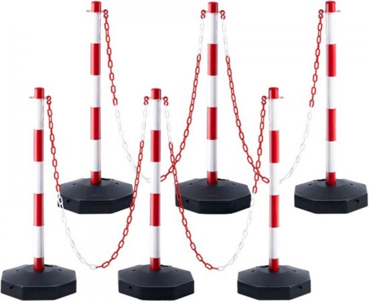 Afzetpaal 6 Stuks - Rood/Wit - Afzetkoord - Vulbaar Met Water/Zand - Afzetpaaltjes met lint - Inclusief afzetketting koord