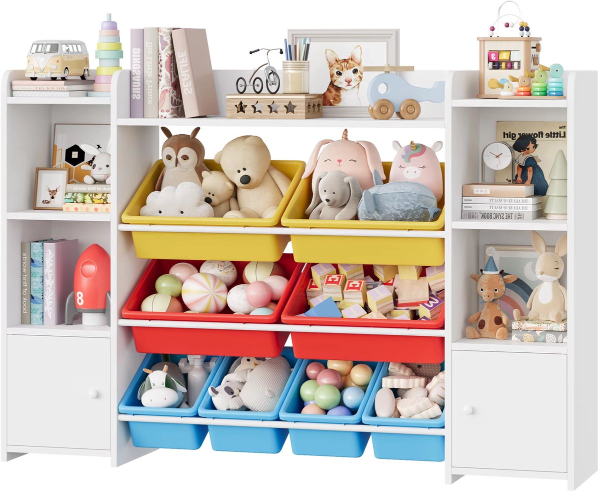 Speelgoedopbergkast – Kinderspeelkamer - Kinderboekenkast - Voor woonkamer, speelkamer en slaapkamer – Met 8 verwijderbare dozen en opbergplanken – 138,8×29,6×94,3 cm - Rood