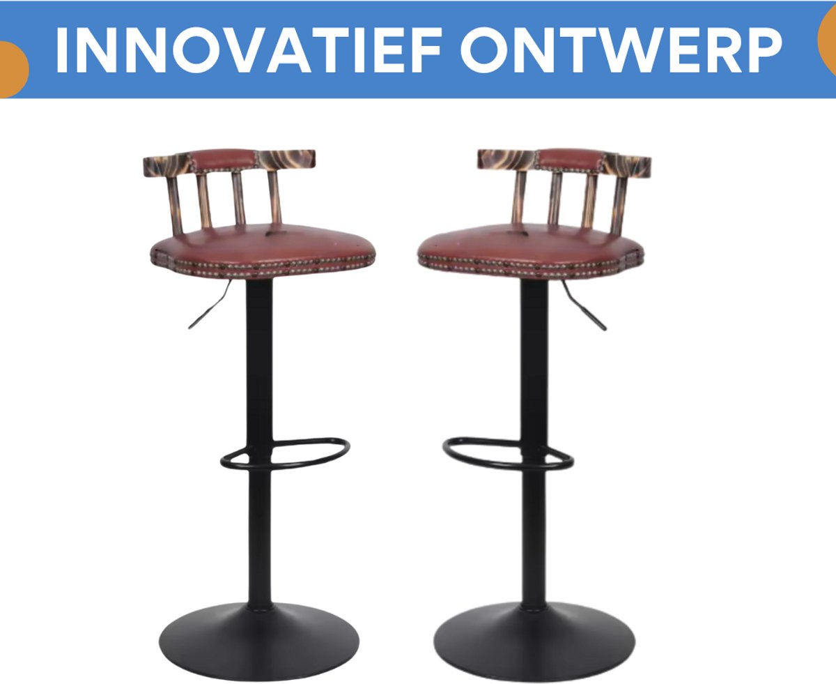 Retro Barkrukken - Set van 2 - Met rugleuning - Bruin - Verstelbaar - Voor Keuken, Bar of woonkamer - Draaibaar - PU leer