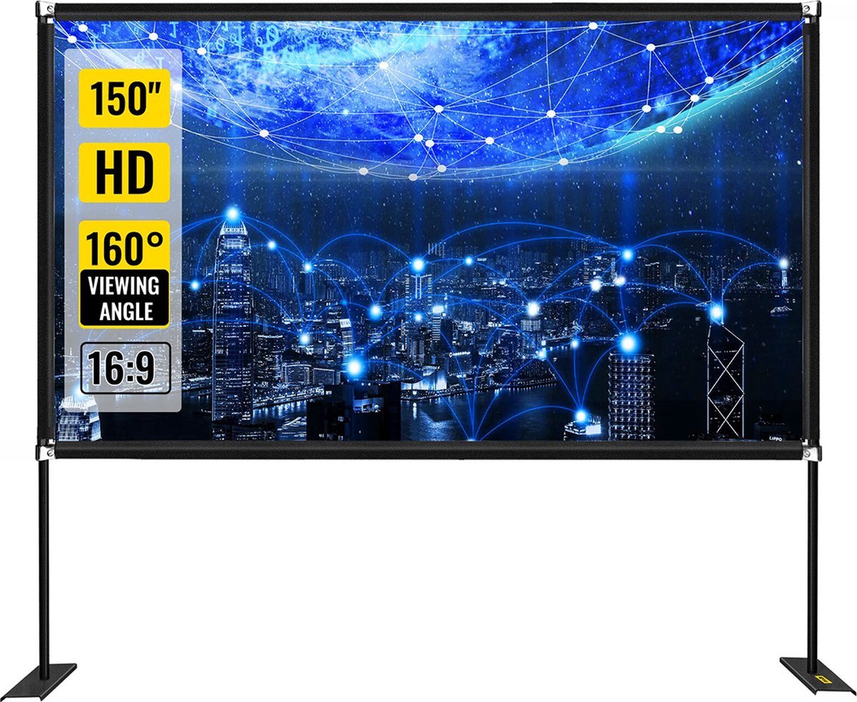 Happyment XXL Projector Scherm 150 Inch – 4K Full HD – 160 Graden Kijkhoek – 16:9 – Uitstekende Kwaliteit – Met Onderstelsel