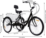 Driewieler 24 Inch - Fiets voor volwassenen en senioren - 7 versnellingen - Opvouwbare Trike - Met mand en LED Verlichting - Zwart