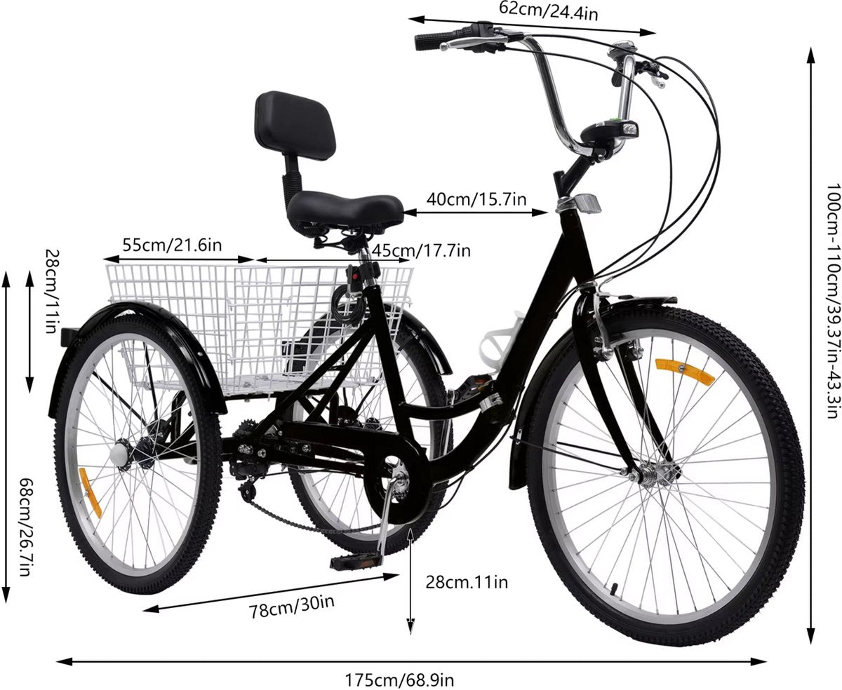 Driewieler 24 Inch - Fiets voor volwassenen en senioren - 7 versnellingen - Opvouwbare Trike - Met mand en LED Verlichting - Zwart
