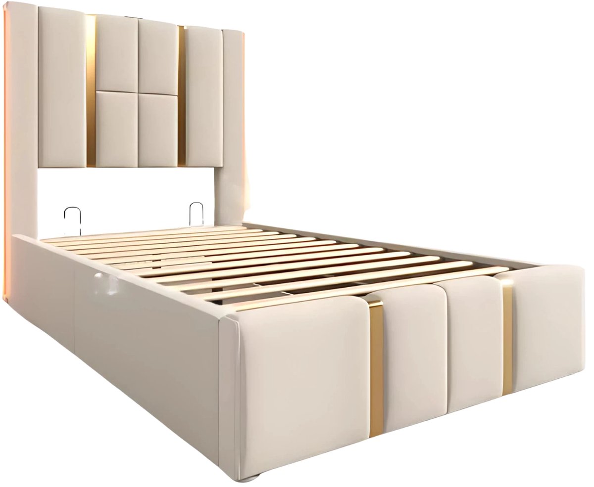 Bed - Eenpersoonsbedden - Voor Slaapkamer of Jeugdkamer - Met USB-C Oplaadfunctie, LED-verlichting & App-bediening - Opbergruimte, Lattenbodem & Beige Linnen - 90x200 cm