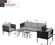 Tuinmeubelset - Loungeset - Tuinlounge Lounge Set - Lounge Set - Voor Tuin, Terras of Balkon - 3-zits Sofa, 2 Fauteuils & 2 Tafelbanken - Dik Touw & Gaasdesign met Gemarmerde Glasplaat - Gegalvaniseerd Staal