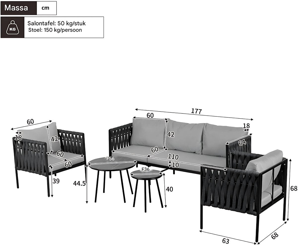 Tuinmeubelset - Loungeset - Tuinlounge Lounge Set - Lounge Set - Voor Tuin, Terras of Balkon - 3-zits Sofa, 2 Fauteuils & 2 Tafelbanken - Dik Touw & Gaasdesign met Gemarmerde Glasplaat - Gegalvaniseerd Staal
