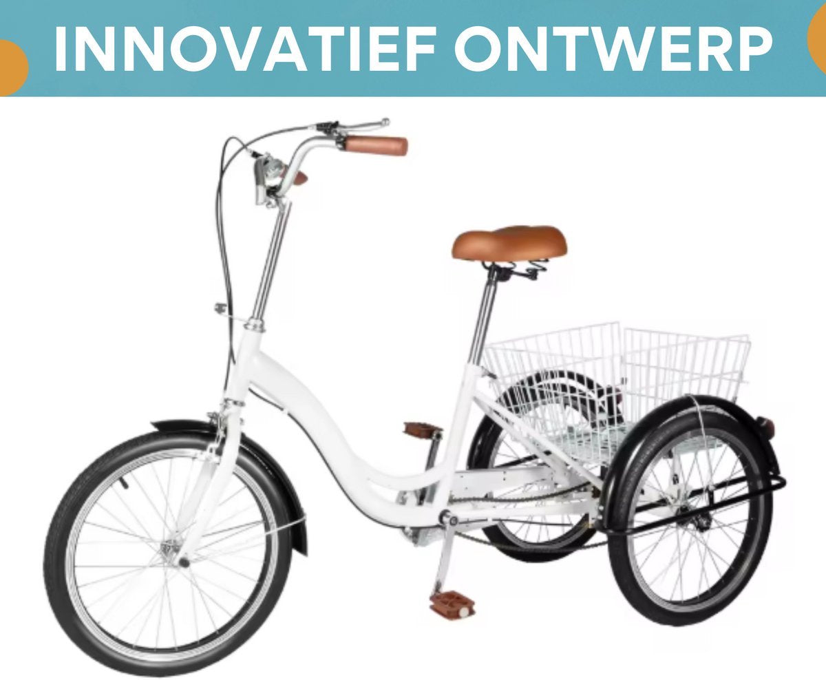 Opulence Driewieler - 6 versnellingen - Fiets voor volwassenen en senioren - 20 Inch - Verstelbaar - Met mand - Voorrem - Wit - 120KG