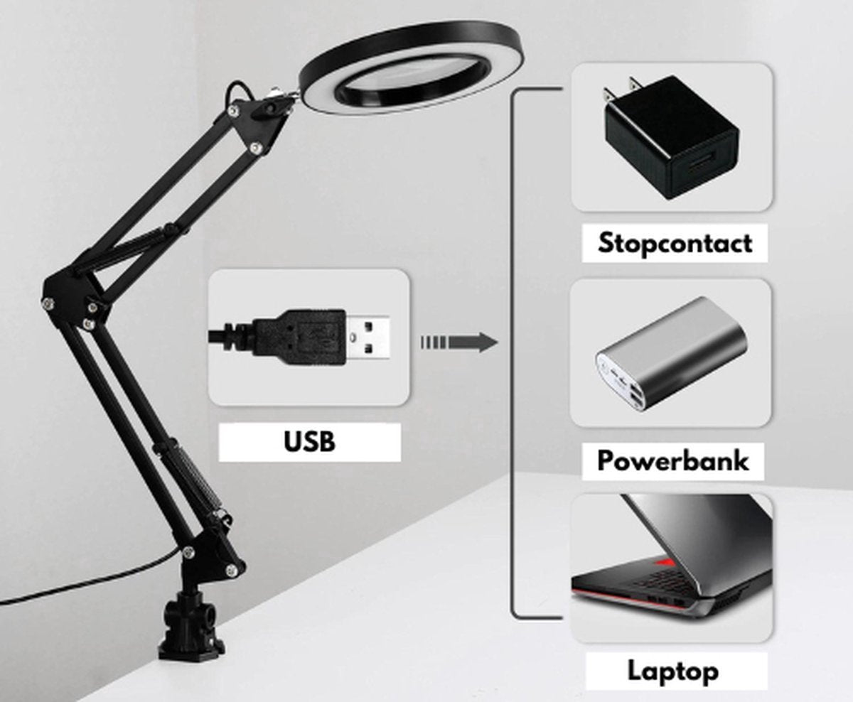 Happyment Loeplamp met Led verlichting - 5X Vergroot - Vergrootglas met lamp - Bureaulamp - 10 dioptrie - Zwart