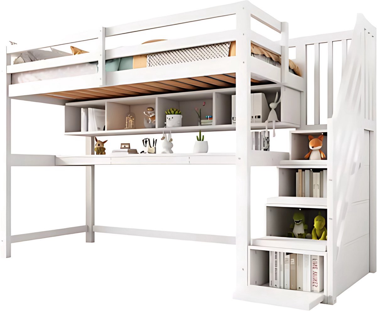 Luxe hoogslaper Vortex voor kinderen - 90x200 cm - Met bureau - Kinderbed - stapelbed - Met Hoektrap, valbeveiliging en raam - Peuterbed