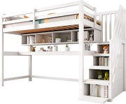 Luxe hoogslaper voor kinderen - 90x200 cm - Met bureau - Kinderbed - stapelbed - Met Hoektrap, valbeveiliging en raam - Peuterbed