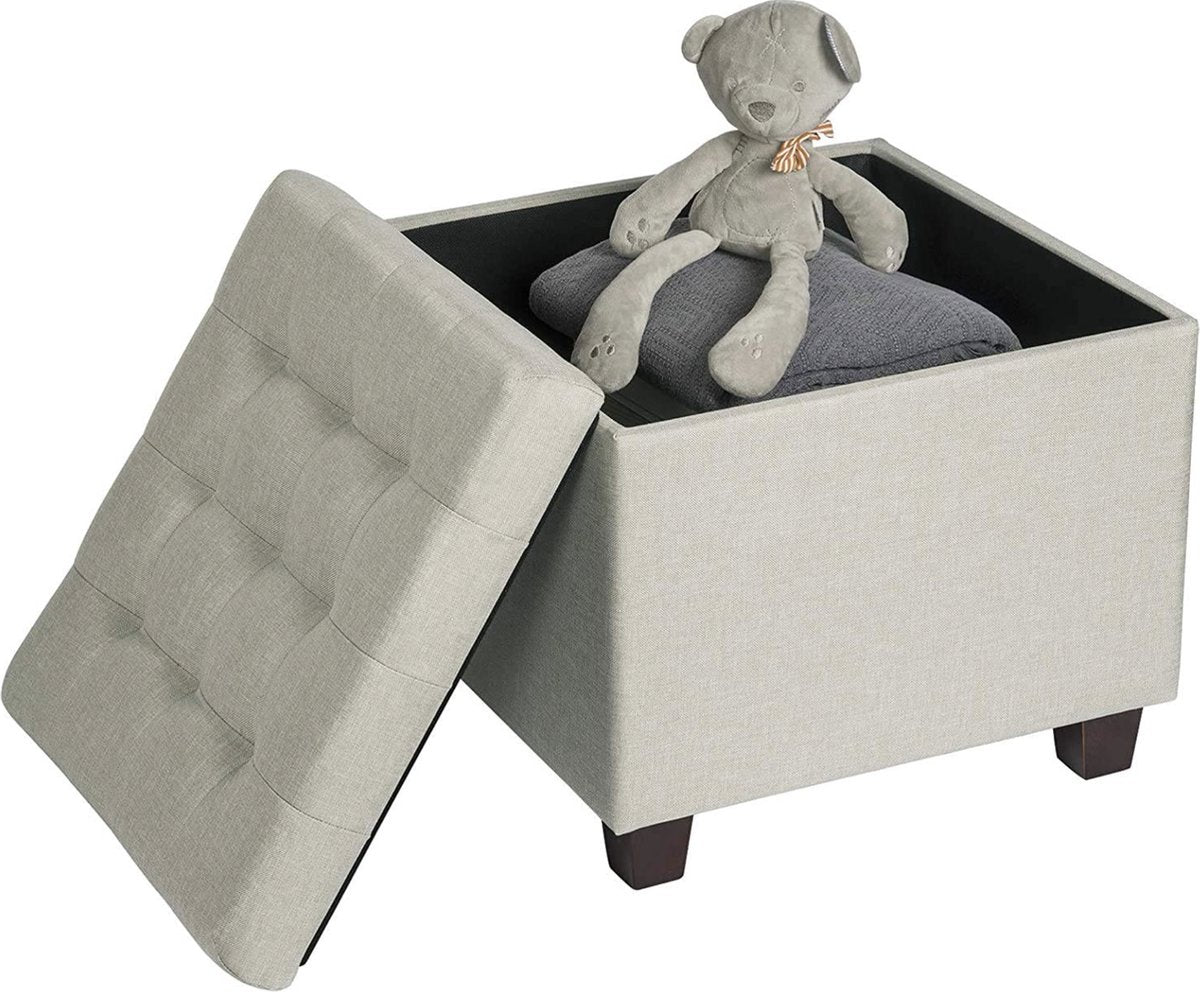 Happyment Poef Creme Deluxe - Met opbergruimte - Turquoise - Voetenbank - Opbergbox hocker - Zitkist met deskel - Stof - 45x45x41cm