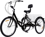 Driewieler 24 Inch - Fiets voor volwassenen en senioren - 7 versnellingen - Opvouwbare Trike - Met mand en LED Verlichting - Zwart