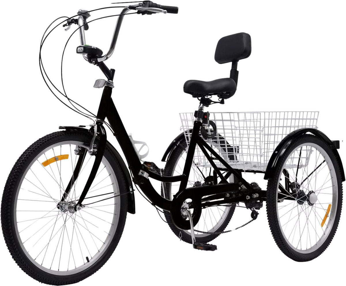 Driewieler 24 Inch - Fiets voor volwassenen en senioren - 7 versnellingen - Opvouwbare Trike - Met mand en LED Verlichting - Zwart