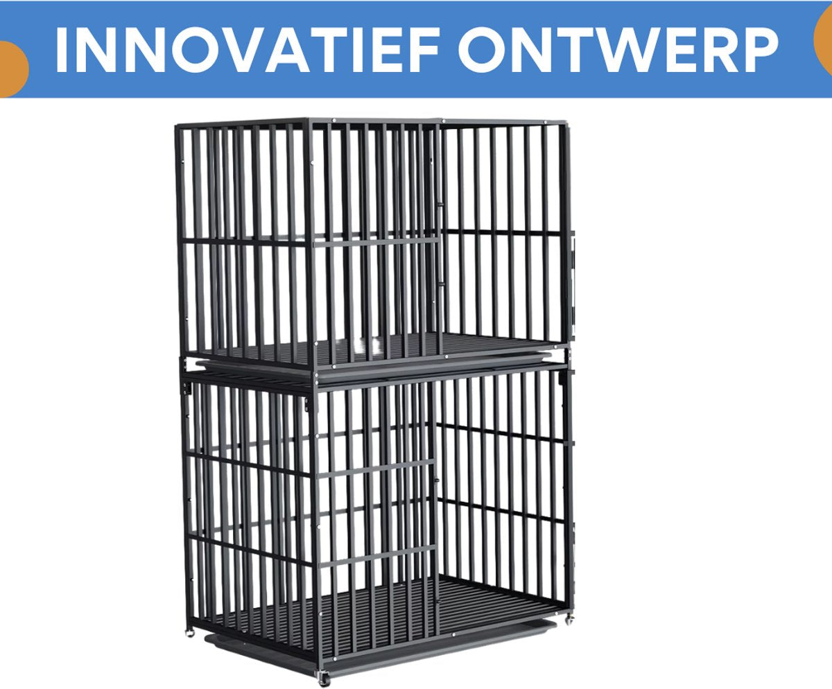 Dubbele Hondenmand Rex - Hondenkennel - Meubelbench Bijzettafel - Metalen Hondenkrat & Walnoot - Binnenbench - 160 cm Hoog - 107 cm breed
