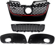 Voorbumper R-Line Sport - Voorbumper - Voor VW Golf MK5 Jetta/GLI/GTI 2006-2009 - Auto accessoires - Honingraat grille - Rode trim - Zwart
