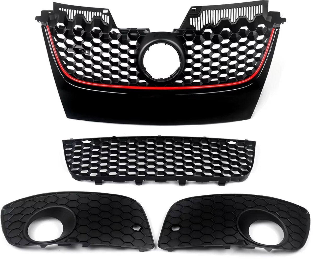 Voorbumper R-Line Sport - Voorbumper - Voor VW Golf MK5 Jetta/GLI/GTI 2006-2009 - Auto accessoires - Honingraat grille - Rode trim - Zwart