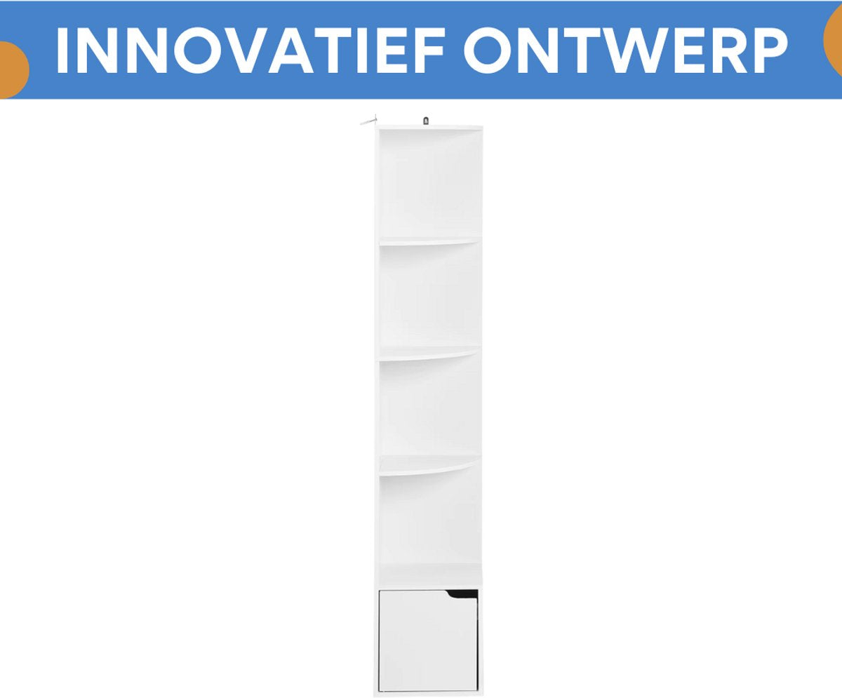 Boekenkast met 5 Lagen - Voor Woonkamer, Kantoor of Studeerkamer - Staande Hoekkast met Opbergruimte en Deurtje - Wit MDF