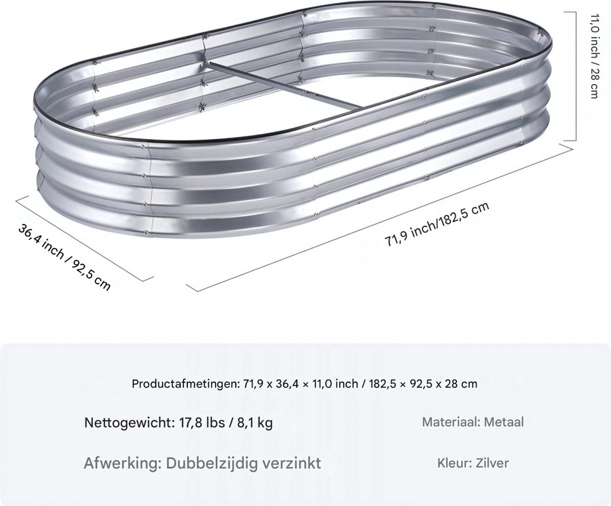 Verhoogde plantenbak - Voor buiten - RVS bloembak zilver - Rechtighoekig ovaal - 180cm - Moestuin - Inclusief Accessoires