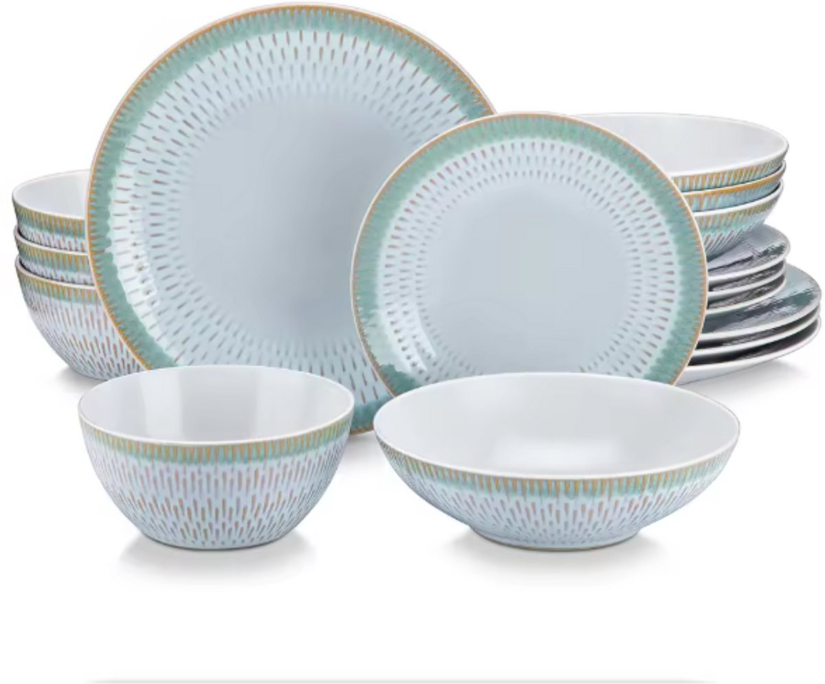 Tida Serviesset - 32 delig - 8 persoons - Wit/Groene rand - Dinerborden - Bordenset - Diepe borden - Ontbijtborden - Servies - Keukenservies