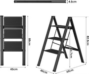 Huishoudtrap - Keukentrap - 3 treden - Ladder Aluminium - Opstapkruk met anitslip - Lichtgewicht - 150KG Belastbaar - Zwart