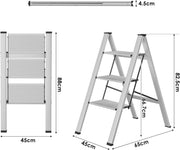 Huishoudtrap - Keukentrap - 3 treden - Ladder Aluminium - Opstapkruk met anitslip - Lichtgewicht - 150KG Belastbaar - Zilver