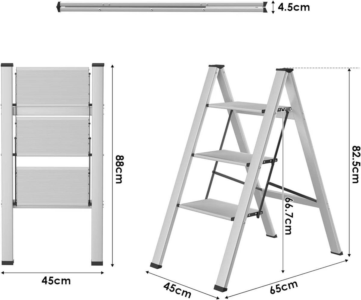 Huishoudtrap - Keukentrap - 3 treden - Ladder Aluminium - Opstapkruk met anitslip - Lichtgewicht - 150KG Belastbaar - Zilver