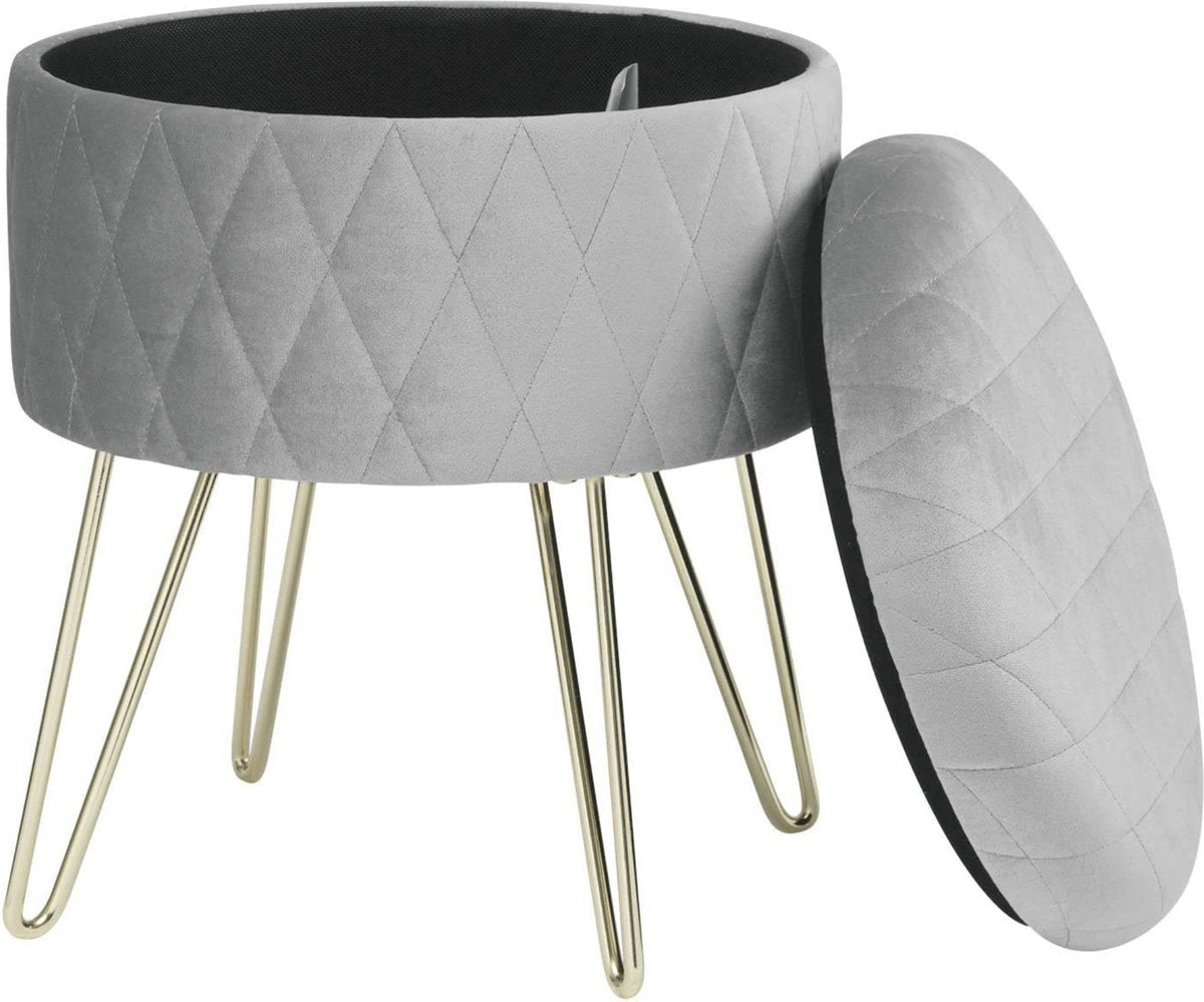 Happyment Poef deluxe - Voetenbank met opbergruimte - Lichtgrijs - Opbergbox hocker - Velvet - Zitkist met deskel - Lichtgrijs - 31.5x31.5x36cm