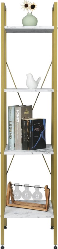 Happyment Boekenkast Vila - 4 lagen - Wit/Goud - Marble look - Boekenrek - Woonkamer, slaapkamer en kinderkamer - Hout - Wit - 34 x 35 x 148 cm