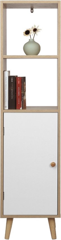 Happyment Boekenkast Zika - 4 Lagen - Inclusief deur - Wit/Oak - 33x30x133cm - Boekenplank - Woonkamer, slaapkamer en kinderkamer - Hout