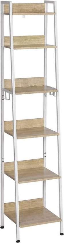 Happyment Boekenkast Dida - Industrieel - 6 Lagen - Wit/Oak - Boekenrek - Woonkamer, slaapkamer en kinderkamer - Hout/Metaal - 41 x 187 x 36 cm