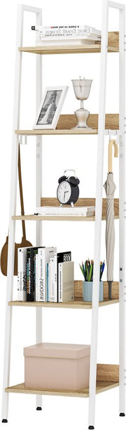 Happyment Boekenkast Galito - 5 lagen - Wit - Marble look - Boekenrek - Woonkamer, slaapkamer en kinderkamer - Hout - Metaal - 40 x 36 x 170 cm - inclusief 4 haken
