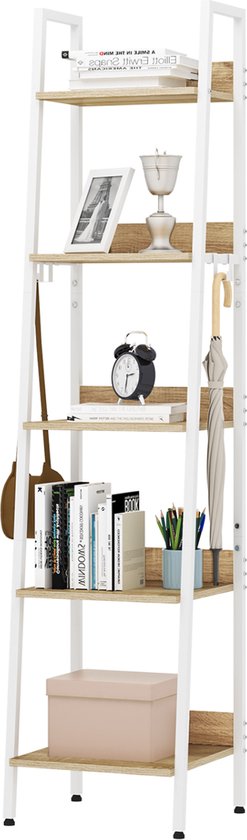 Happyment Boekenkast Galito - 5 lagen - Wit - Marble look - Boekenrek - Woonkamer, slaapkamer en kinderkamer - Hout - Metaal - 40 x 36 x 170 cm - inclusief 4 haken