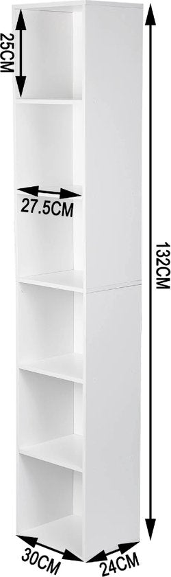 Happyment Boekenkast Nola - Opbergrek -5 Lagen - Open Planken - Kantoor - Woonkamer - Slaapkamer - 30x24x132 cm - Wit