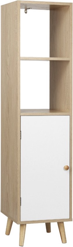 Happyment Boekenkast Zika - 4 Lagen - Inclusief deur - Wit/Oak - 33x30x133cm - Boekenplank - Woonkamer, slaapkamer en kinderkamer - Hout