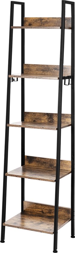 Happyment Boekenkast Tida - 5 lagen - Zwart - Marble look - Boekenrek - Woonkamer, slaapkamer en kinderkamer - Hout - Metaal - 40 x 36 x 170 cm - inclusief 4 haken