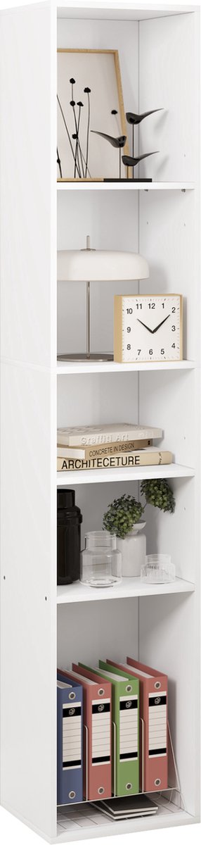 Happyment Boekenkast Kali - 5 Vakken - Wit - Boekenkast - Boekenrek - Woonkamer, slaapkamer en kinderkamer - Hout - 30 x 151 x 26 cm