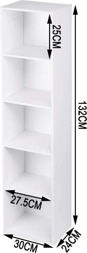 Happyment Boekenkast Mali - Opbergrek - 6 Lagen - Open Planken - Kantoor - Woonkamer - Slaapkamer - 30x24x158.5 cm - Wit